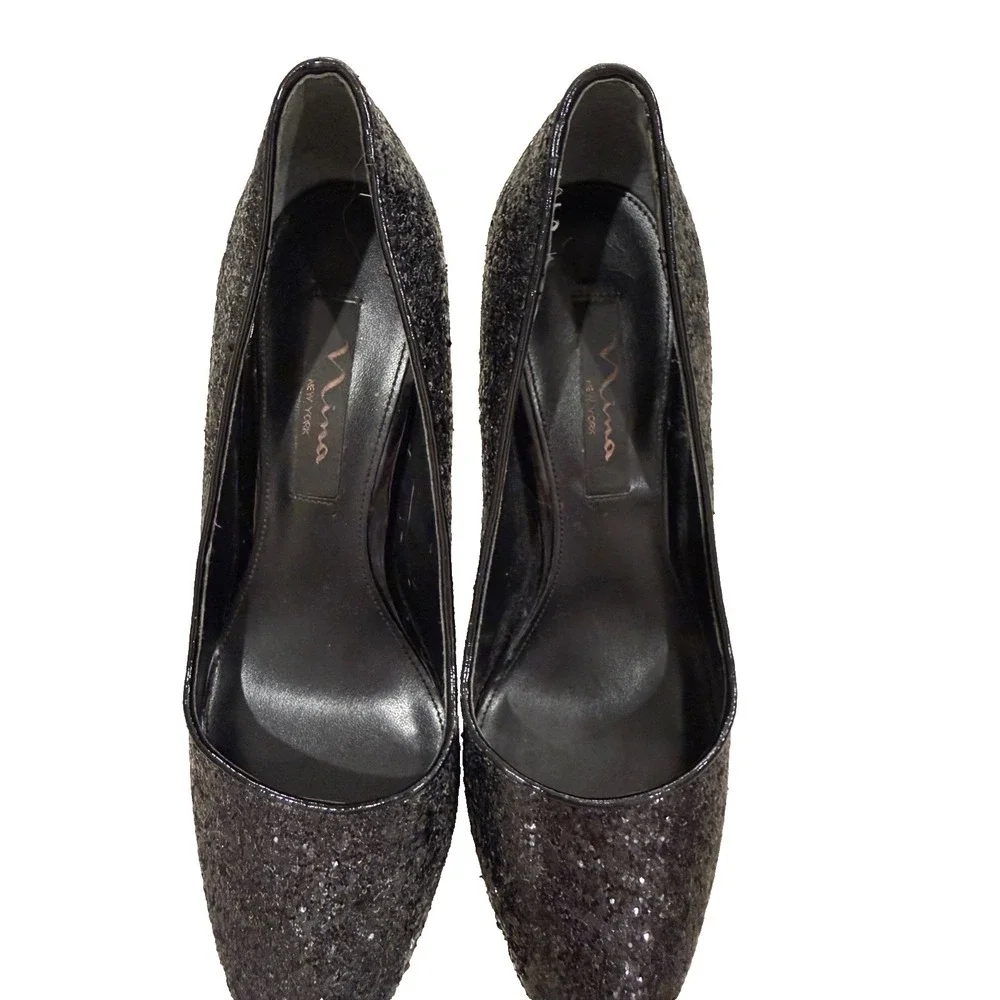 Nina - Black Sparkle Glitter Bling Pumps - 4.25